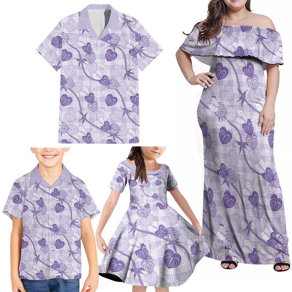 Anthurium Pikake Ti Leaf Palaka Family Matching Off Shoulder Maxi Dress and Hawaiian Shirt Purple Version LT01 - Polynesian Pride