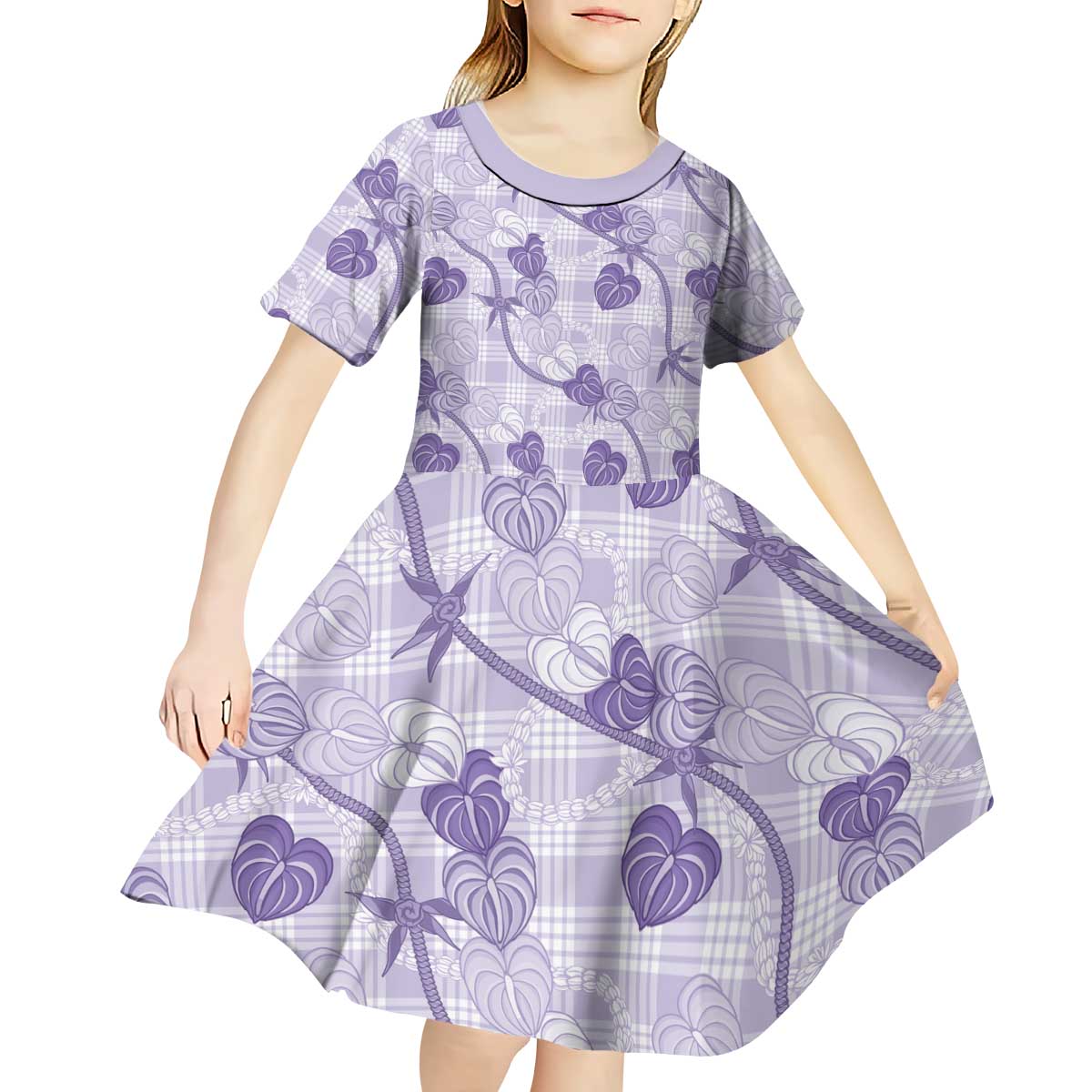 Anthurium Pikake Ti Leaf Palaka Kid Short Sleeve Dress Purple Version LT01 - Polynesian Pride