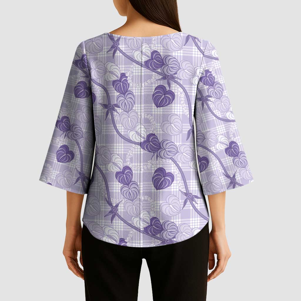 Anthurium Pikake Ti Leaf Palaka Kimono Sleeve Blouse Purple Version LT01 - Polynesian Pride