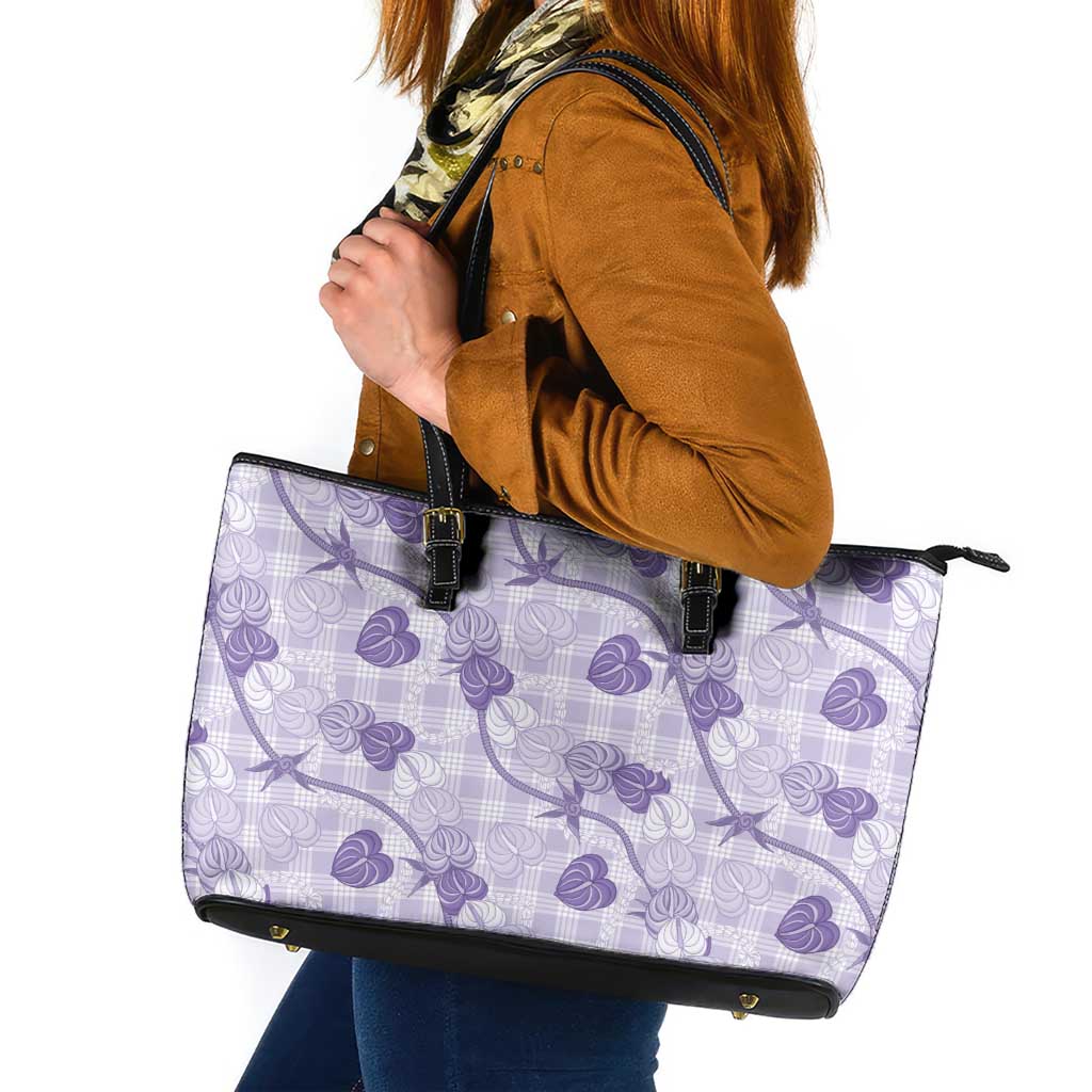 Anthurium Pikake Ti Leaf Palaka Leather Tote Bag Purple Version LT01 Purple - Polynesian Pride