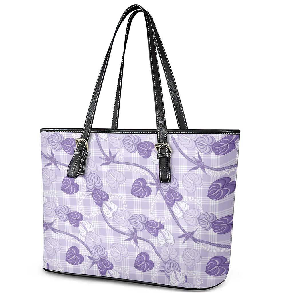 Anthurium Pikake Ti Leaf Palaka Leather Tote Bag Purple Version LT01 - Polynesian Pride