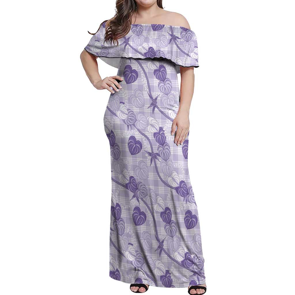 Anthurium Pikake Ti Leaf Palaka Off Shoulder Maxi Dress Purple Version LT01 Women Purple - Polynesian Pride