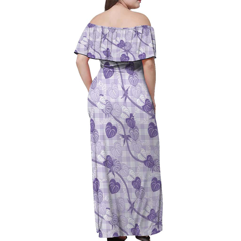 Anthurium Pikake Ti Leaf Palaka Off Shoulder Maxi Dress Purple Version LT01 - Polynesian Pride