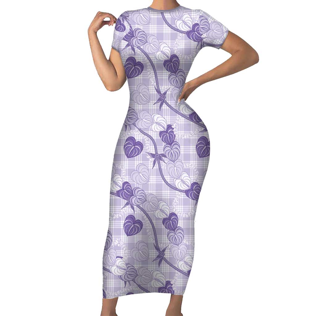 Anthurium Pikake Ti Leaf Palaka Short Sleeve Bodycon Dress Purple Version LT01 Long Dress Purple - Polynesian Pride