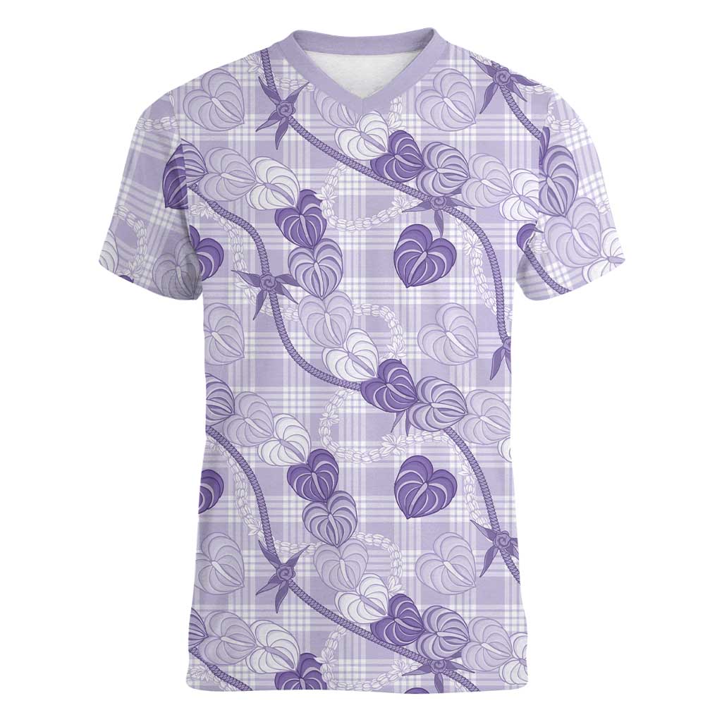 Anthurium Pikake Ti Leaf Palaka Women V-Neck T-Shirt Purple Version LT01 Female Purple - Polynesian Pride