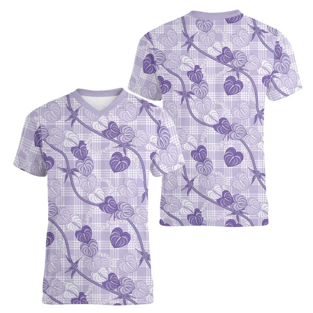 Anthurium Pikake Ti Leaf Palaka Women V-Neck T-Shirt Purple Version LT01 - Polynesian Pride