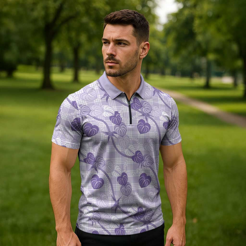 Anthurium Pikake Ti Leaf Palaka Zipper Polo Shirt Purple Version LT01 - Polynesian Pride