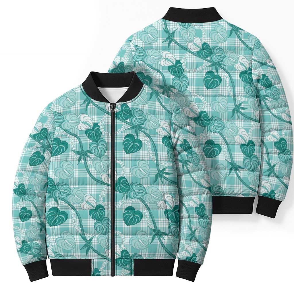 Anthurium Pikake Ti Leaf Palaka Bomber Puffer Jacket Turquoise Version