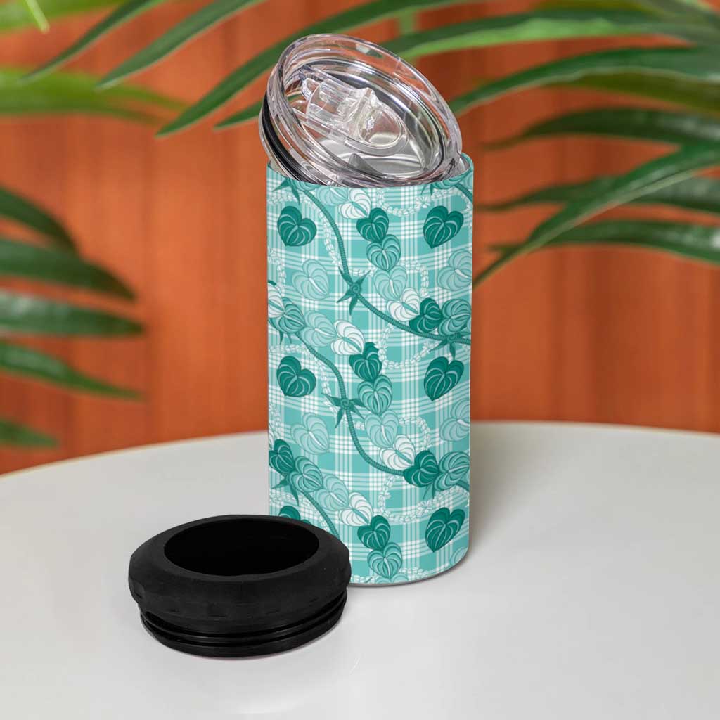 Anthurium Pikake Ti Leaf Palaka 4 in 1 Can Cooler Tumbler Turquoise Version LT01 - Polynesian Pride