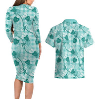 Anthurium Pikake Ti Leaf Palaka Couples Matching Long Sleeve Bodycon Dress and Hawaiian Shirt Turquoise Version LT01 - Polynesian Pride