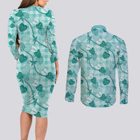 Anthurium Pikake Ti Leaf Palaka Couples Matching Long Sleeve Bodycon Dress and Long Sleeve Button Shirt Turquoise Version LT01 - Polynesian Pride