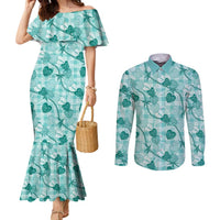 Anthurium Pikake Ti Leaf Palaka Couples Matching Mermaid Dress and Long Sleeve Button Shirt Turquoise Version LT01 Turquoise - Polynesian Pride