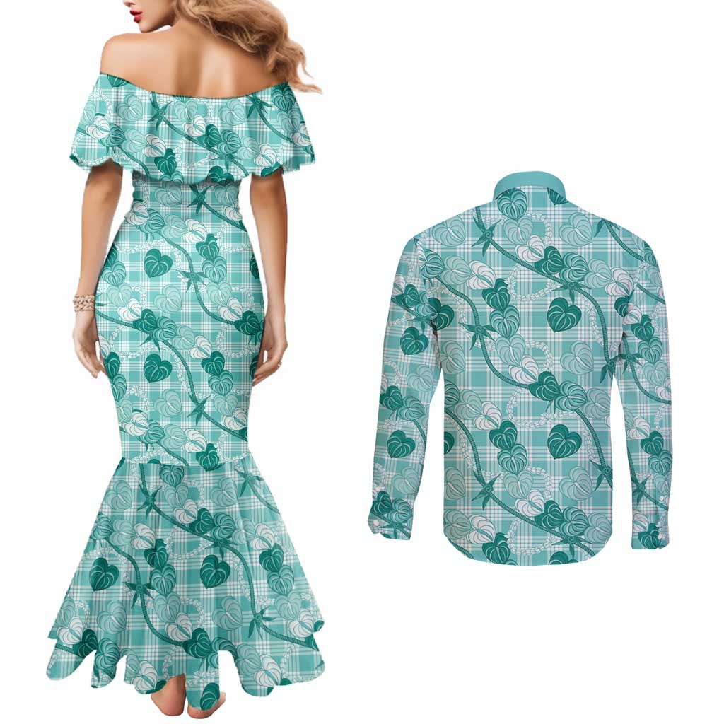 Anthurium Pikake Ti Leaf Palaka Couples Matching Mermaid Dress and Long Sleeve Button Shirt Turquoise Version LT01 - Polynesian Pride