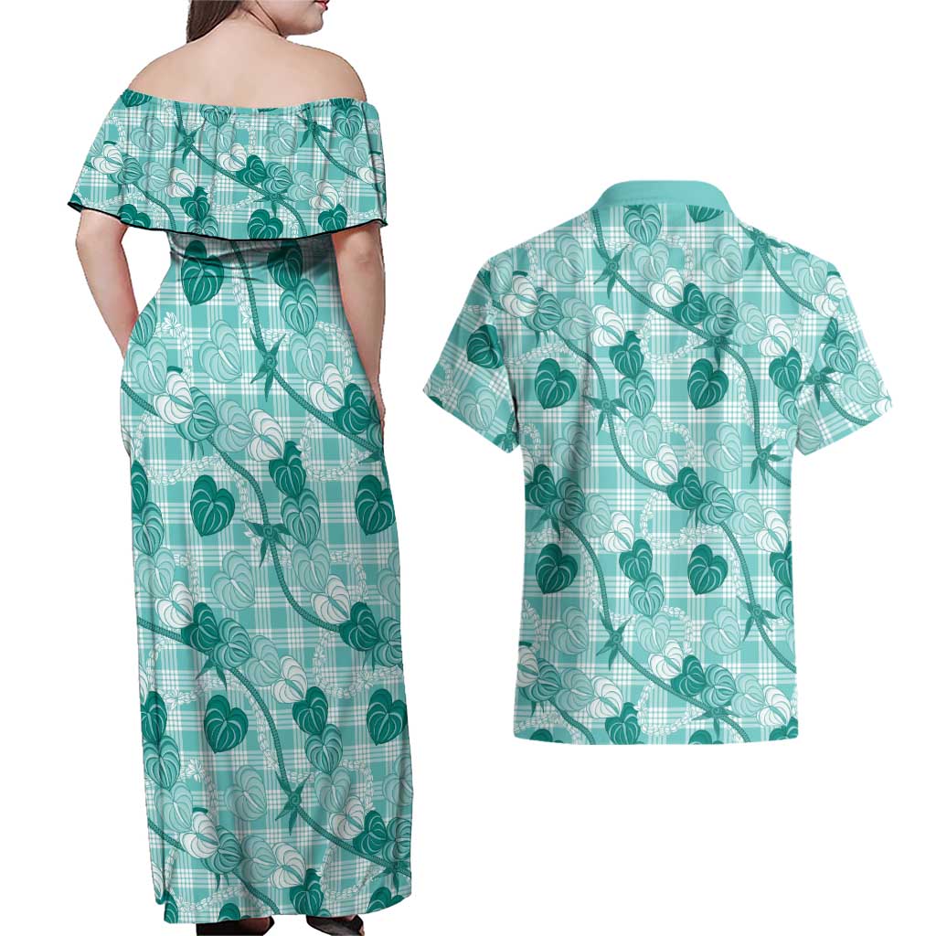 Anthurium Pikake Ti Leaf Palaka Couples Matching Off Shoulder Maxi Dress and Hawaiian Shirt Turquoise Version LT01 - Polynesian Pride