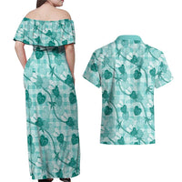Anthurium Pikake Ti Leaf Palaka Couples Matching Off Shoulder Maxi Dress and Hawaiian Shirt Turquoise Version LT01 - Polynesian Pride