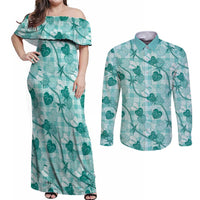 Anthurium Pikake Ti Leaf Palaka Couples Matching Off Shoulder Maxi Dress and Long Sleeve Button Shirt Turquoise Version LT01 Turquoise - Polynesian Pride