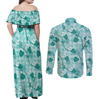 Anthurium Pikake Ti Leaf Palaka Couples Matching Off Shoulder Maxi Dress and Long Sleeve Button Shirt Turquoise Version LT01 - Polynesian Pride