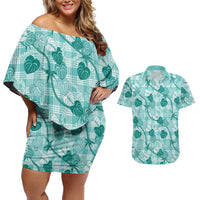 Anthurium Pikake Ti Leaf Palaka Couples Matching Off Shoulder Short Dress and Hawaiian Shirt Turquoise Version LT01 Turquoise - Polynesian Pride