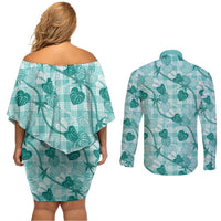 Anthurium Pikake Ti Leaf Palaka Couples Matching Off Shoulder Short Dress and Long Sleeve Button Shirt Turquoise Version LT01 - Polynesian Pride