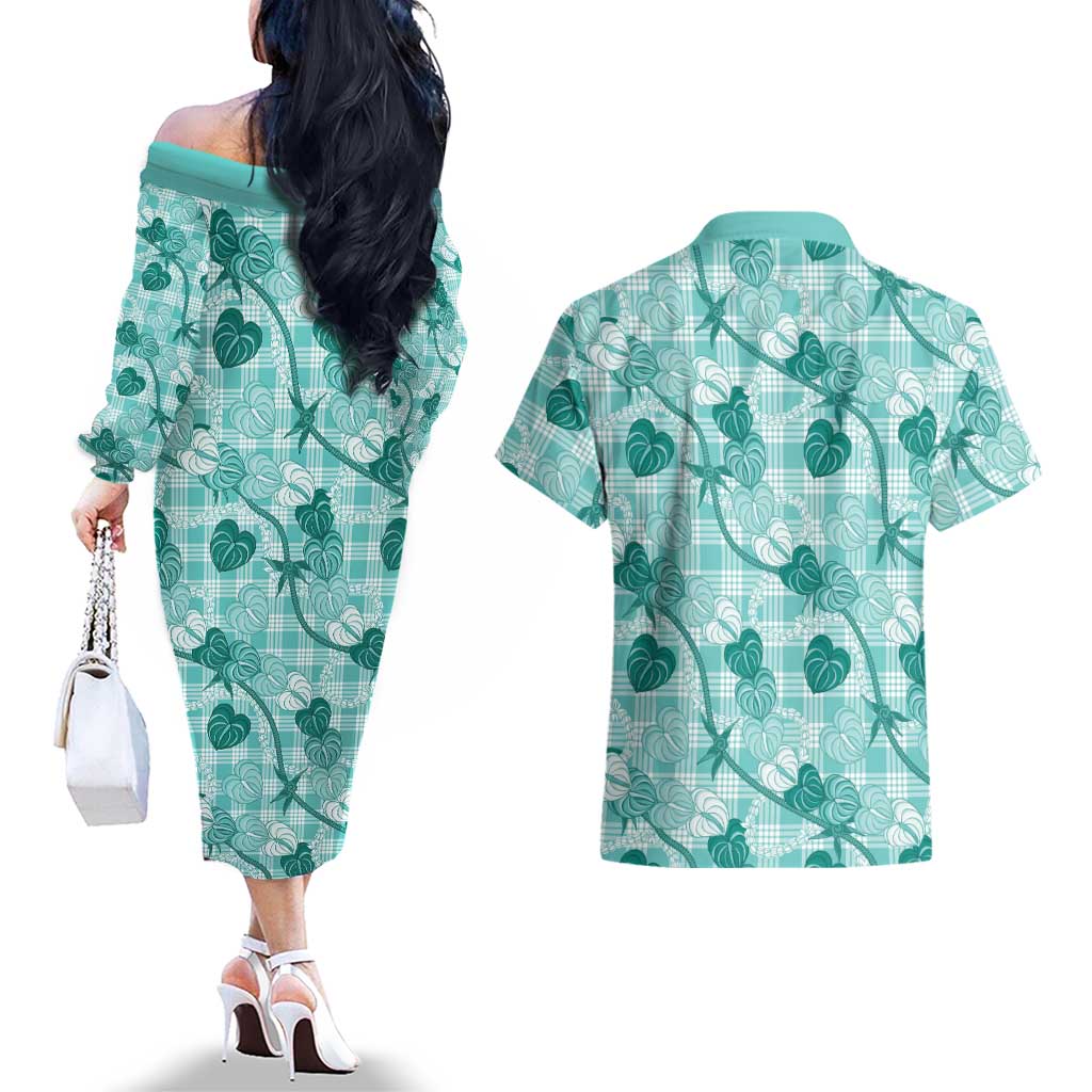 Anthurium Pikake Ti Leaf Palaka Couples Matching Off The Shoulder Long Sleeve Dress and Hawaiian Shirt Turquoise Version LT01 - Polynesian Pride