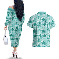 Anthurium Pikake Ti Leaf Palaka Couples Matching Off The Shoulder Long Sleeve Dress and Hawaiian Shirt Turquoise Version LT01 - Polynesian Pride
