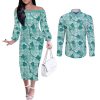 Anthurium Pikake Ti Leaf Palaka Couples Matching Off The Shoulder Long Sleeve Dress and Long Sleeve Button Shirt Turquoise Version LT01 Turquoise - Polynesian Pride