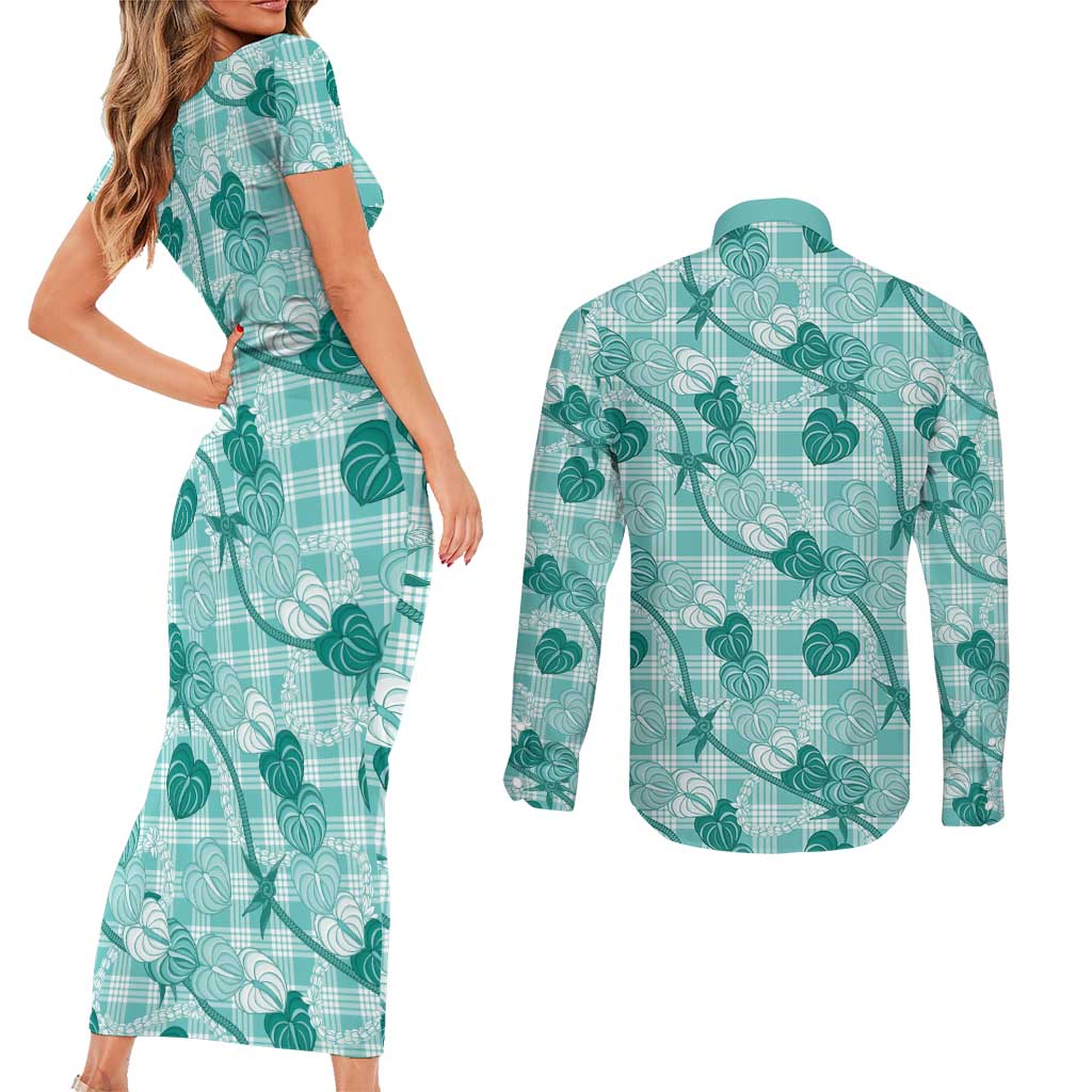 Anthurium Pikake Ti Leaf Palaka Couples Matching Short Sleeve Bodycon Dress and Long Sleeve Button Shirt Turquoise Version LT01 - Polynesian Pride