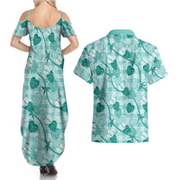 Anthurium Pikake Ti Leaf Palaka Couples Matching Summer Maxi Dress and Hawaiian Shirt Turquoise Version LT01 - Polynesian Pride