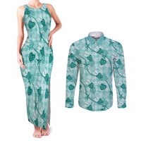 Anthurium Pikake Ti Leaf Palaka Couples Matching Tank Maxi Dress and Long Sleeve Button Shirt Turquoise Version LT01 Turquoise - Polynesian Pride