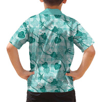 Anthurium Pikake Ti Leaf Palaka Family Matching Off The Shoulder Long Sleeve Dress and Hawaiian Shirt Turquoise Version