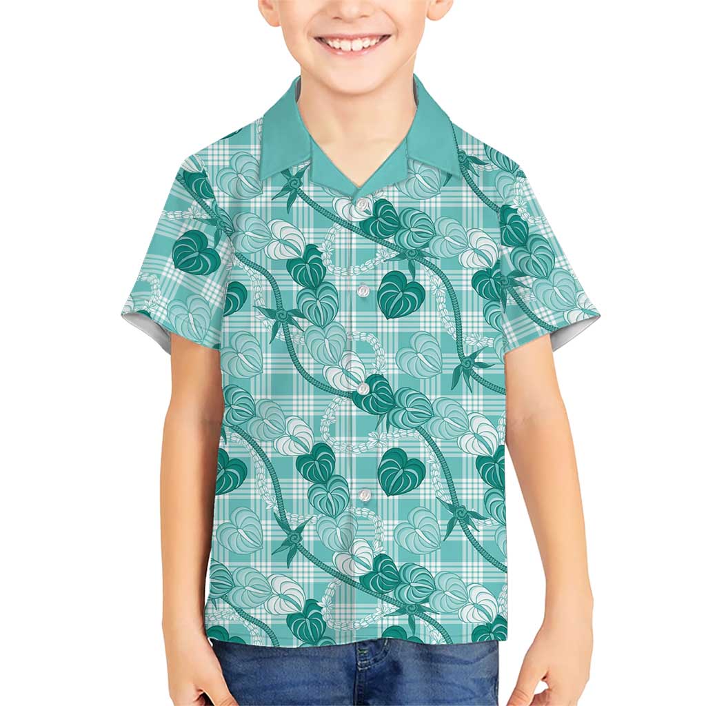 Anthurium Pikake Ti Leaf Palaka Family Matching Off The Shoulder Long Sleeve Dress and Hawaiian Shirt Turquoise Version