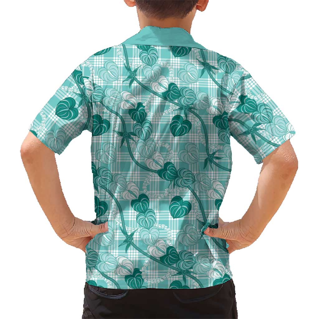 Anthurium Pikake Ti Leaf Palaka Family Matching Off Shoulder Maxi Dress and Hawaiian Shirt Turquoise Version LT01 - Polynesian Pride