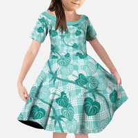 Anthurium Pikake Ti Leaf Palaka Family Matching Off Shoulder Maxi Dress and Hawaiian Shirt Turquoise Version LT01 Daughter's Dress Turquoise - Polynesian Pride