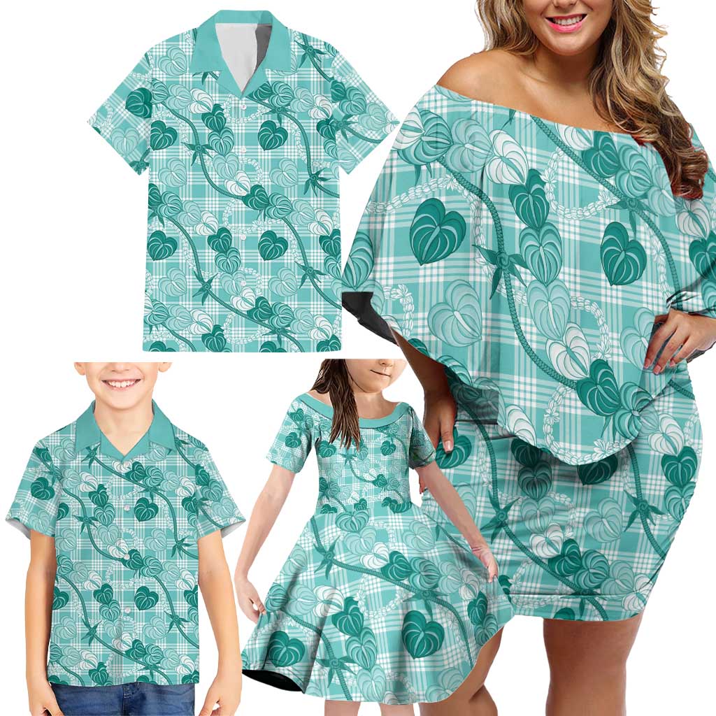 Anthurium Pikake Ti Leaf Palaka Family Matching Off Shoulder Short Dress and Hawaiian Shirt Turquoise Version LT01 - Polynesian Pride