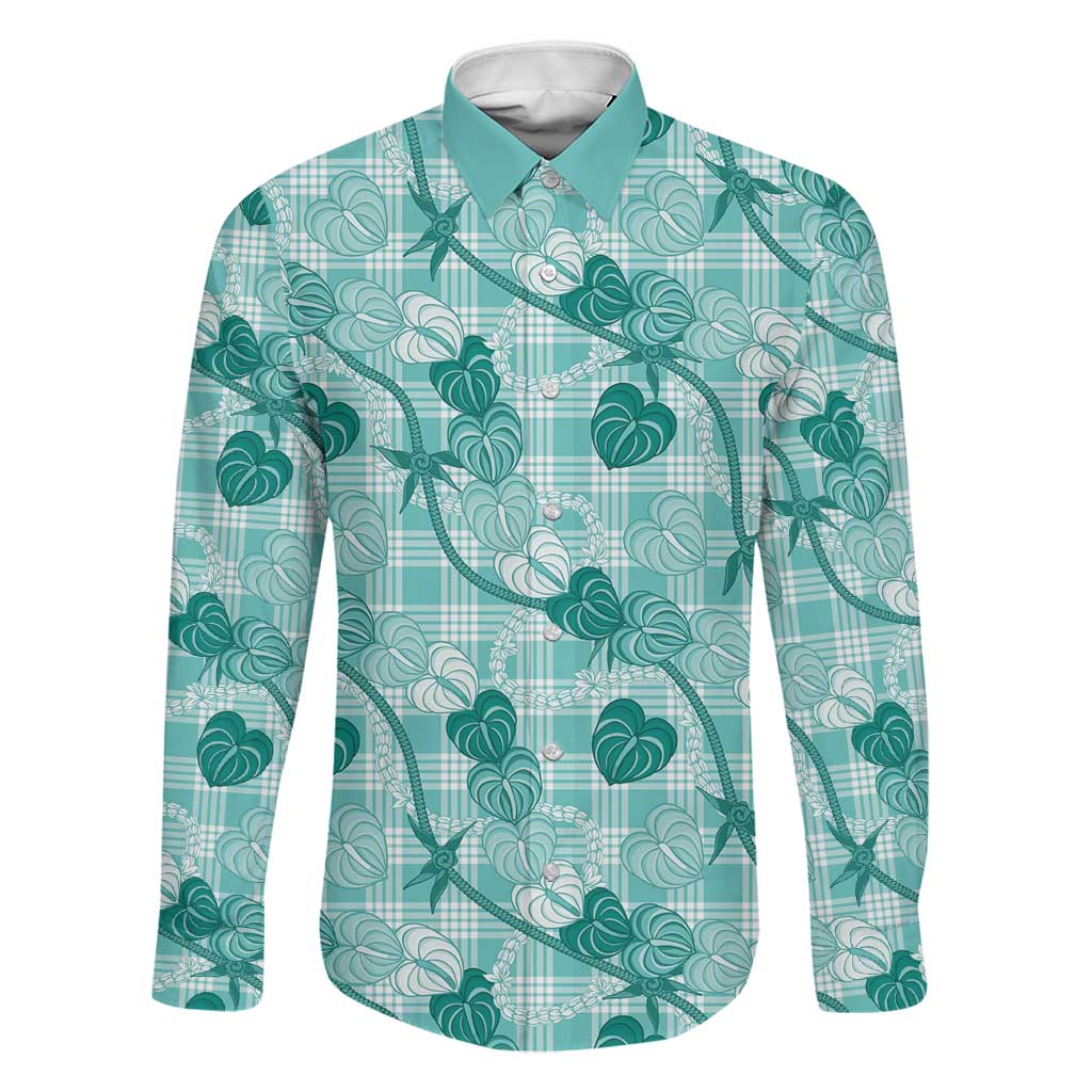 Anthurium Pikake Ti Leaf Palaka Family Matching Puletasi and Hawaiian Shirt Turquoise Version LT01 Dad's Shirt - Long Sleeve Turquoise - Polynesian Pride