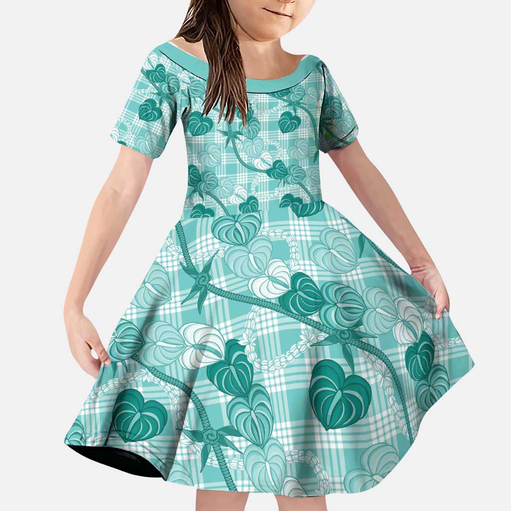 Anthurium Pikake Ti Leaf Palaka Family Matching Summer Maxi Dress and Hawaiian Shirt Turquoise Version LT01 Daughter's Dress Turquoise - Polynesian Pride
