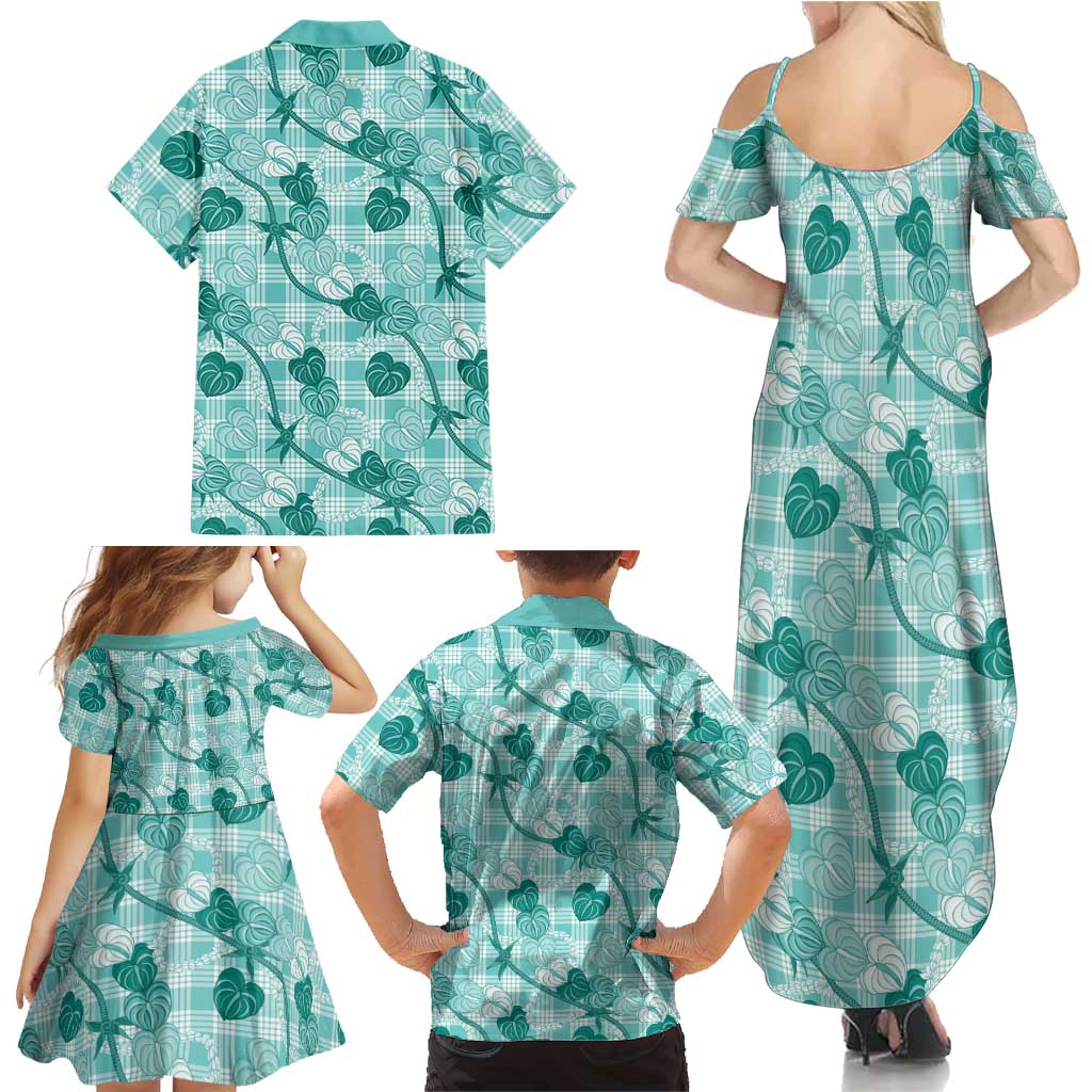 Anthurium Pikake Ti Leaf Palaka Family Matching Summer Maxi Dress and Hawaiian Shirt Turquoise Version LT01 - Polynesian Pride