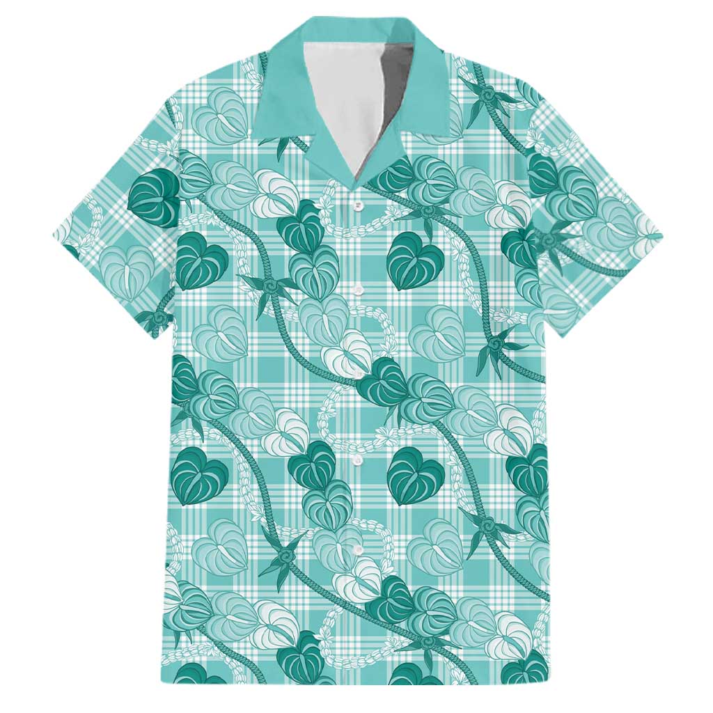 Anthurium Pikake Ti Leaf Palaka Family Matching Summer Maxi Dress and Hawaiian Shirt Turquoise Version LT01 Dad's Shirt - Short Sleeve Turquoise - Polynesian Pride