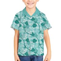Anthurium Pikake Ti Leaf Palaka Family Matching Summer Maxi Dress and Hawaiian Shirt Turquoise Version LT01 Son's Shirt Turquoise - Polynesian Pride