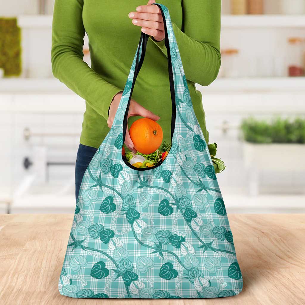 Anthurium Pikake Ti Leaf Palaka Grocery Bag Turquoise Version LT01 - Polynesian Pride