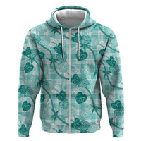Anthurium Pikake Ti Leaf Palaka Hoodie Turquoise Version LT01 Zip Hoodie Turquoise - Polynesian Pride