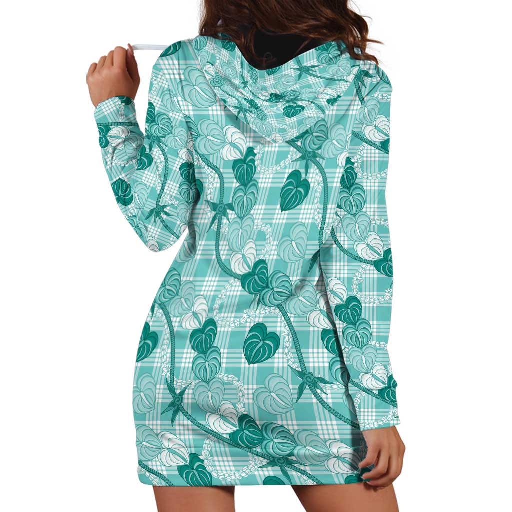 Anthurium Pikake Ti Leaf Palaka Hoodie Dress Turquoise Version LT01 - Polynesian Pride