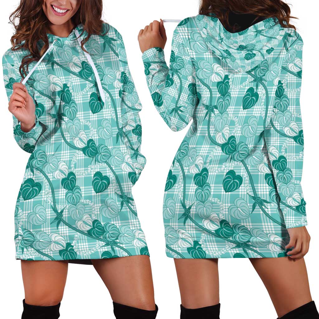 Anthurium Pikake Ti Leaf Palaka Hoodie Dress Turquoise Version LT01 - Polynesian Pride