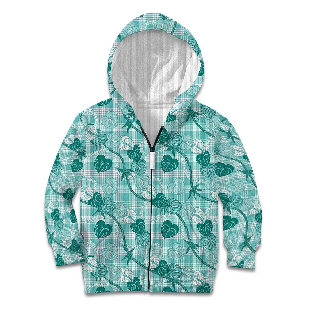 Anthurium Pikake Ti Leaf Palaka Kid Hoodie Turquoise Version LT01 Zip Hoodie Turquoise - Polynesian Pride