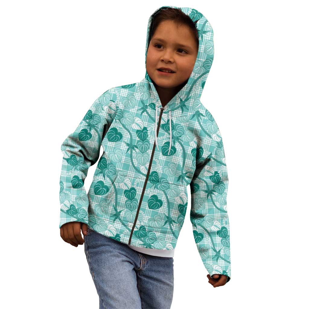 Anthurium Pikake Ti Leaf Palaka Kid Hoodie Turquoise Version LT01 - Polynesian Pride