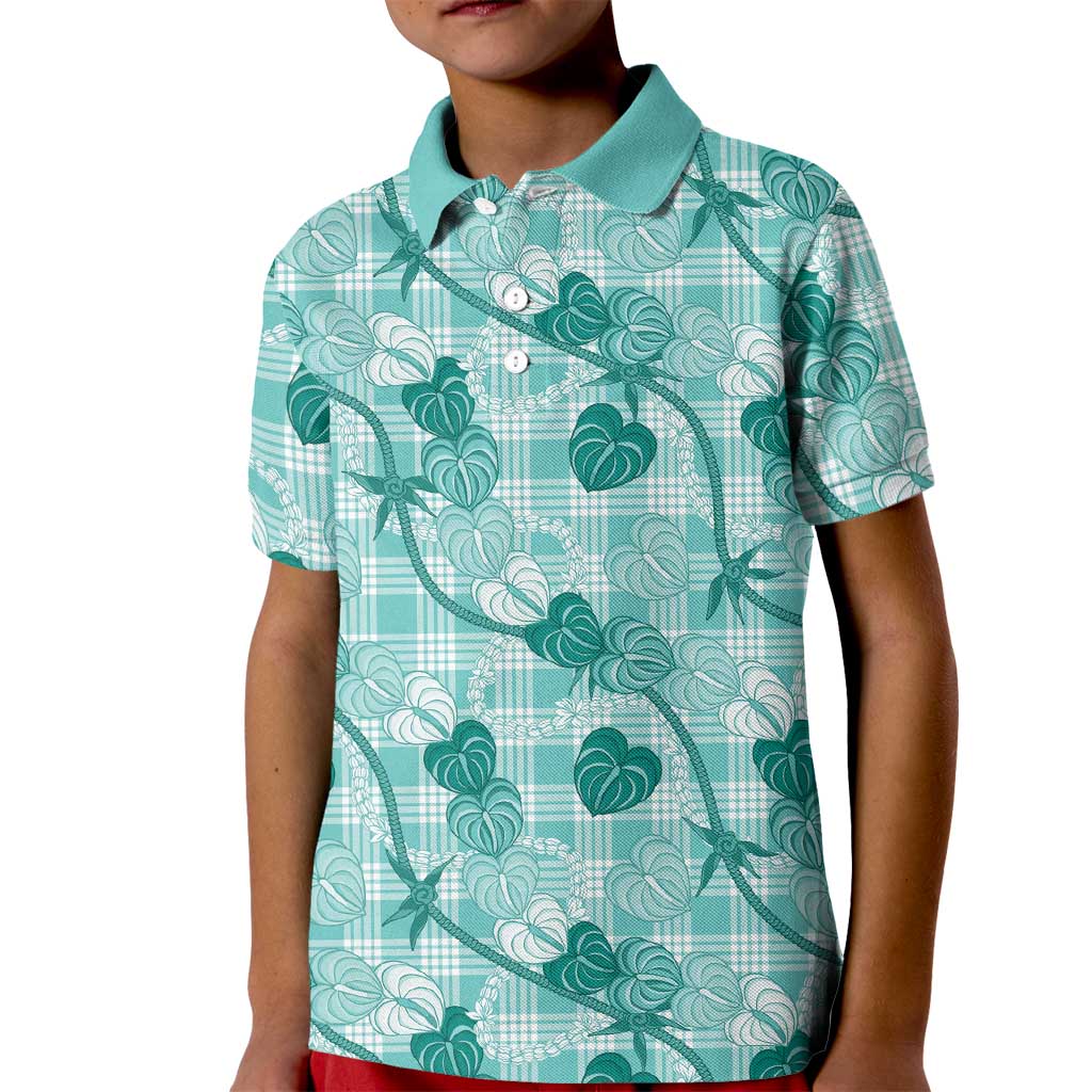 Anthurium Pikake Ti Leaf Palaka Kid Polo Shirt Turquoise Version LT01 Kid Turquoise - Polynesian Pride