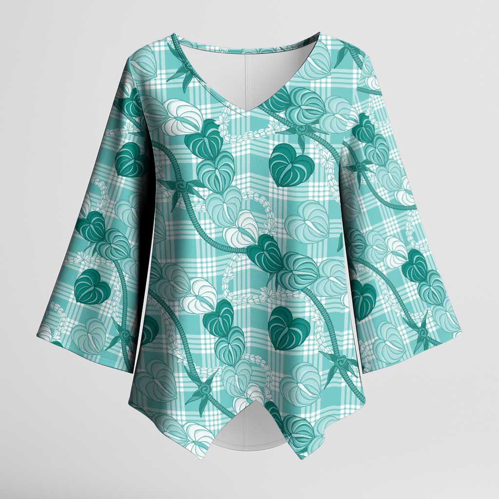 Anthurium Pikake Ti Leaf Palaka Kimono Sleeve Blouse Turquoise Version