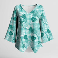 Anthurium Pikake Ti Leaf Palaka Kimono Sleeve Blouse Turquoise Version