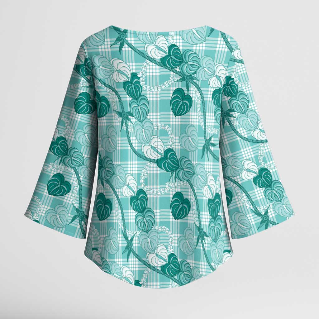 Anthurium Pikake Ti Leaf Palaka Kimono Sleeve Blouse Turquoise Version