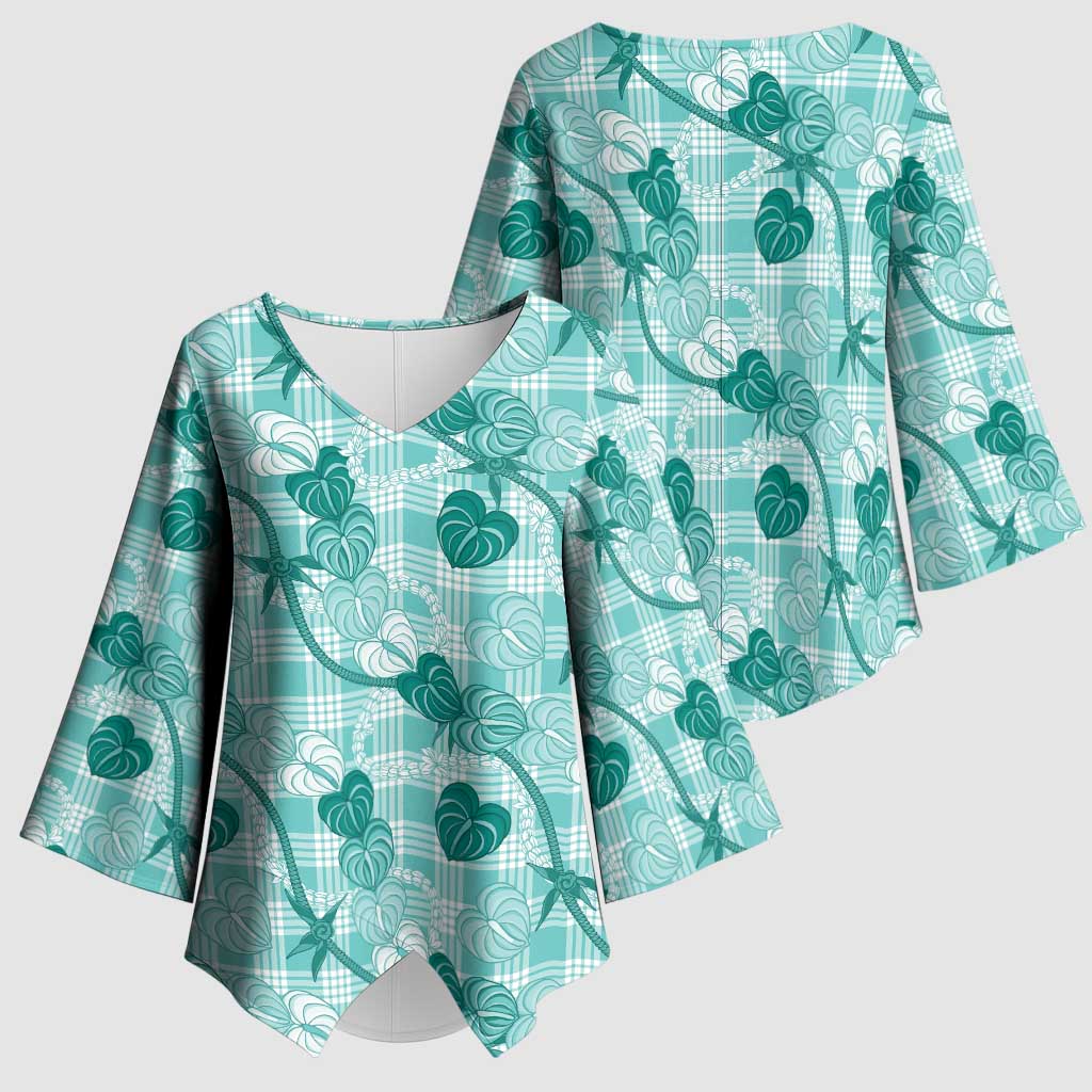 Anthurium Pikake Ti Leaf Palaka Kimono Sleeve Blouse Turquoise Version